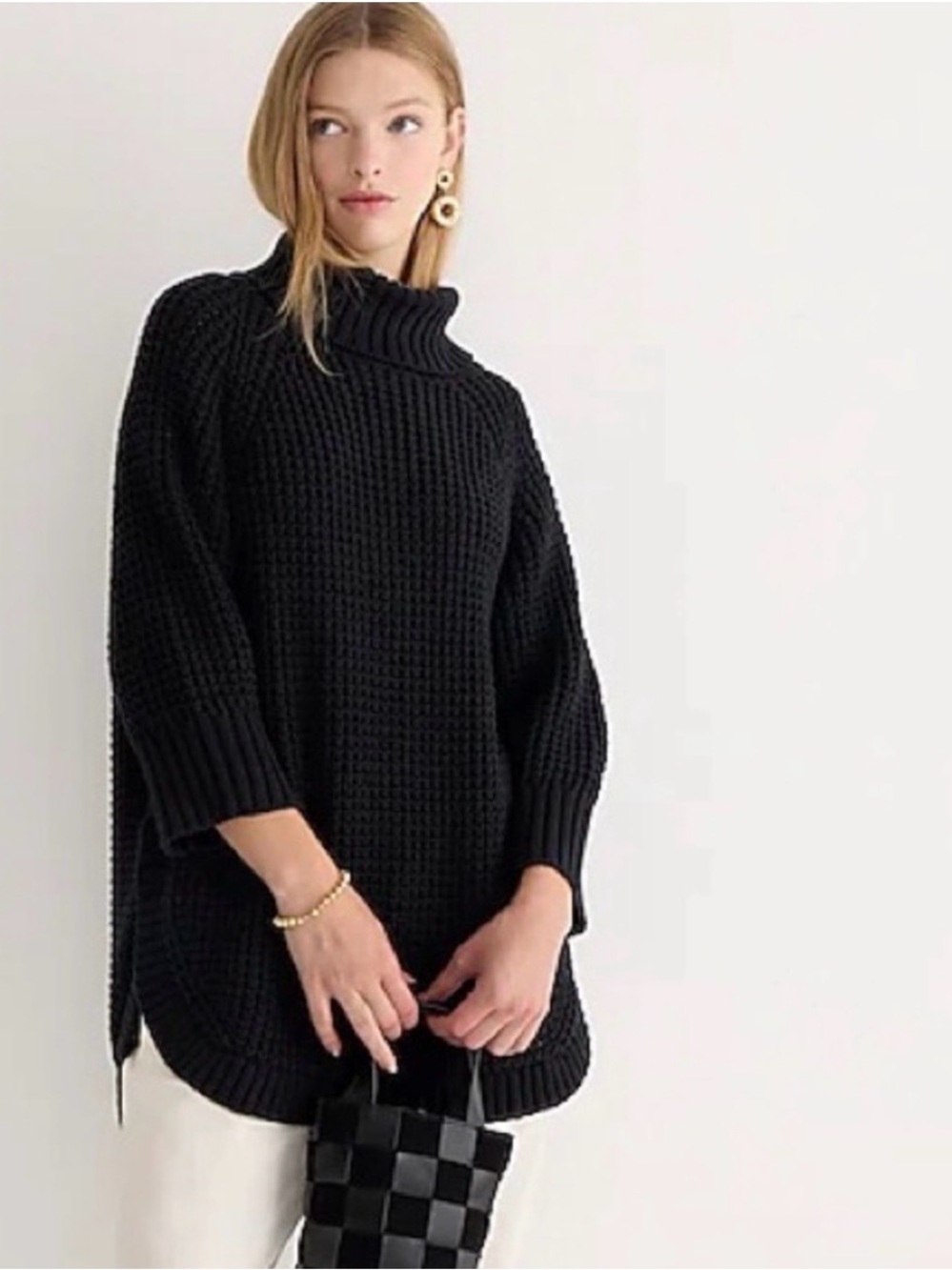 NWT J. Crew L/XL Turtleneck Cotton Poncho Sweater Crochet Knit Black w/ Buttons - Picture 2 of 7